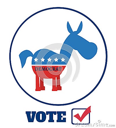 Democrat Donkey Cartoon Character Circle Label With Text Vote Vector Illustration