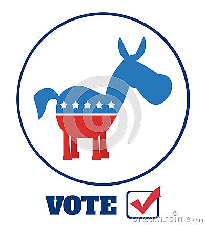 Democrat Donkey Cartoon Character Circle Label With Text Vote Vector Illustration