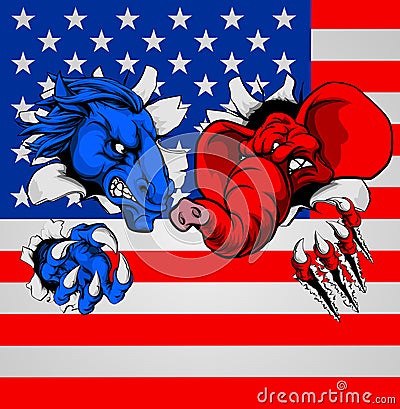 Democrat Republican Elephant Donkey Fight Vector Illustration