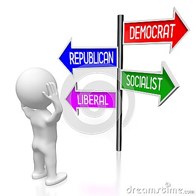 Democrat, republican, socialist, liberal - politics concept - signpost with four arrows, cartoon character Cartoon Illustration