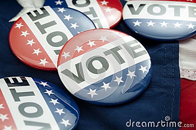 Democrat vs republican poll, democratic decision and primary voting conceptual idea with Vote election campaign button badges and Stock Photo