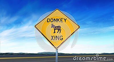 Democratic Donkey Crossing Symbol - Yellow Road Sign Isolated on Sky Background with Room for Copy Editorial Stock Photo
