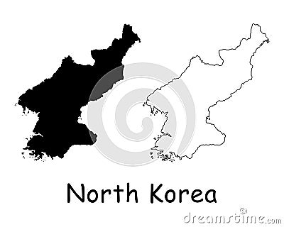 North Korea Country Map. Black silhouette and outline isolated on white background. EPS Vector Vector Illustration