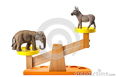 Democratic process and two party system concept with a donkey representing the democratic party in the USA and an elephant, a Stock Photo