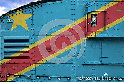 Democratic Republic of the Congo flag depicted on side part of military armored tank closeup. Army forces conceptual background Stock Photo