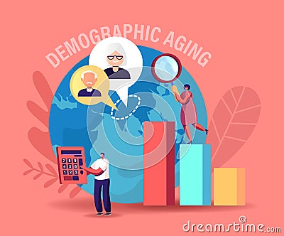 Demographic Aging Concept. Statistics Data for Human Ages in World and Countries. Tiny Characters at Huge Column Charts Vector Illustration