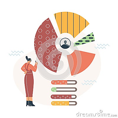 Demographics-themed illustration with a girl holding a pointer at a pie chart on a white background Vector Illustration
