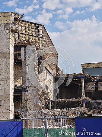 Demolition of the Istropolis House of Culture, with marble tiles donated by Fidel Castro during communist Czechoslovakia Stock Photo