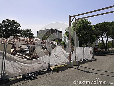 Demolition of a neighborhood to renovate, wide shot of the work in progress, Stock Photo