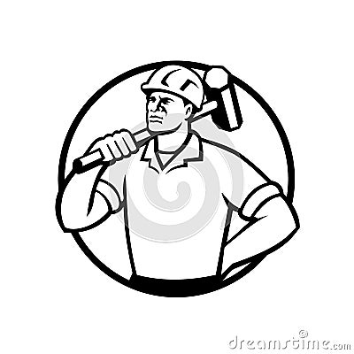 Demolition Worker with Sledgehammer Circle Retro Black and White Vector Illustration