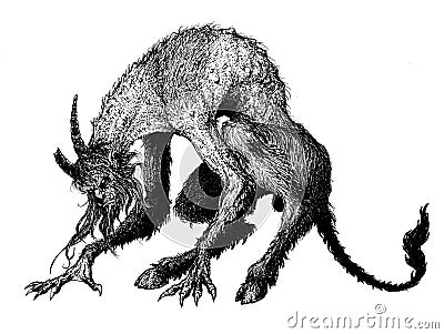 Demon, fiend of hell, devilish creature with horns, goat legs and a tail. Cartoon Illustration