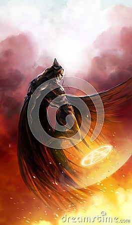 Fantasy demon angel flying with fire spell. Cartoon Illustration