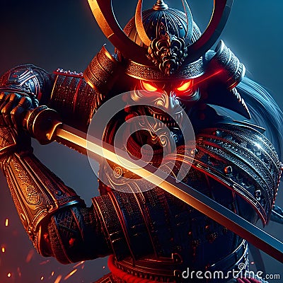 Demon with glowing red eyes, wearing ancient Japanese shogun armor. Stock Photo