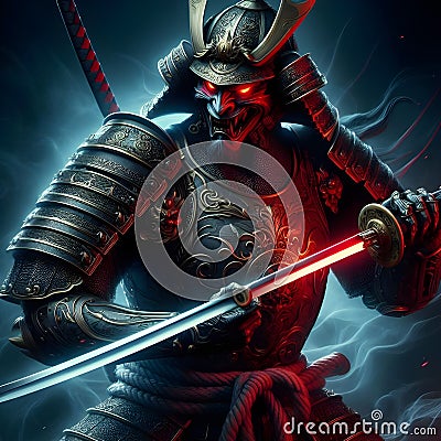 Demon with glowing red eyes, wearing ancient Japanese shogun armor. Stock Photo