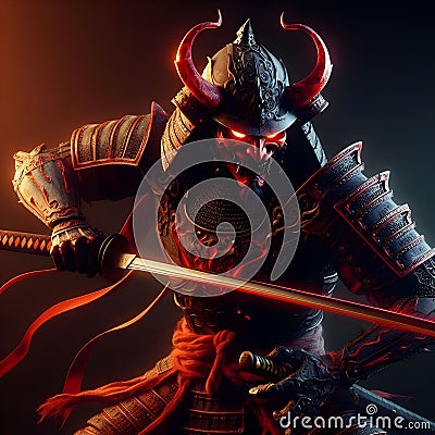 Demon with glowing red eyes, wearing ancient Japanese shogun armor. Stock Photo