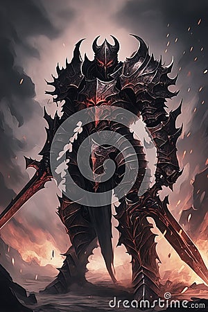 Demon knight in heavy armor, an armageddon knight with darkness in his heart Stock Photo