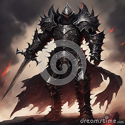 Demon knight in heavy armor, an armageddon knight with darkness in his heart Stock Photo