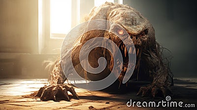 Creepy Monster In Unreal Engine 5: Death Strike Pose On The Floor Stock Photo