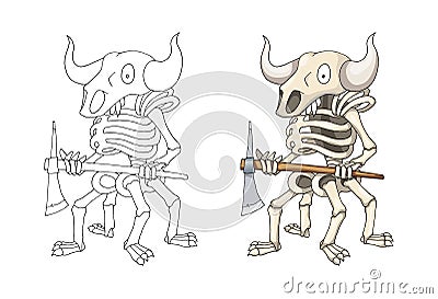 Demon Skeleton Warrior Standing with Two Handed Axe, cartoon Character Vector Illustration