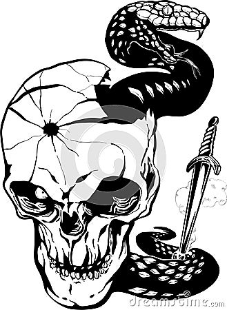 Demon skull with snake monster stabbed by dagger tattoo design vector art black and white Vector Illustration