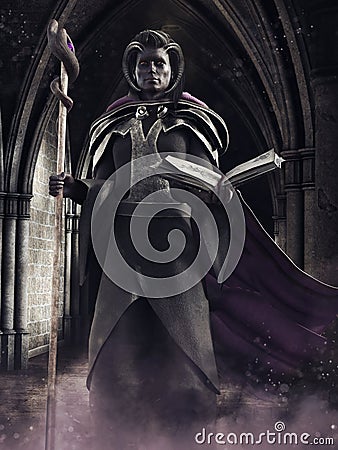 Demon sorcerer with a book and staff Stock Photo