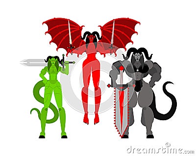 Demon woman Warrior set. Three Succubus berserk. Strong Female devil. lady satan. Hell warriors. Vector illustration Vector Illustration