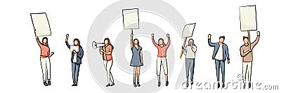 Demonstration people character design templete hand drawing style isolated on white. People holding poster and megaphone Vector Illustration