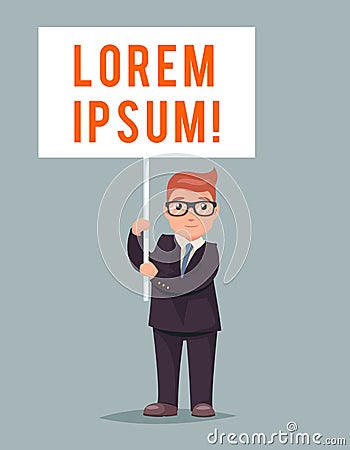 Demonstration Poster Event Stand Cute Businessman Character Icon Retro Cartoon Design Vector Illustration Vector Illustration