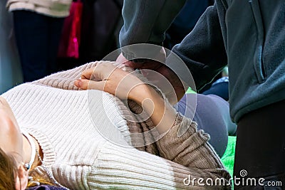 Demonstration of response to unforeseen situations and wounds on the human body Stock Photo