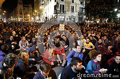 Demonstrators protesting front of Spain Police in Laietana strret in Barcelona Editorial Stock Photo