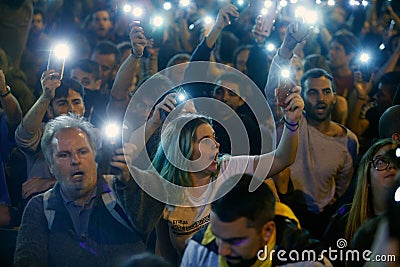 Demonstrators protesting front of Spain Police in Laietana strret in Barcelona wide Editorial Stock Photo