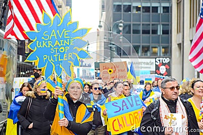 Demonstrators protesting in the streets of New York to show solidarity for Ukraine Editorial Stock Photo