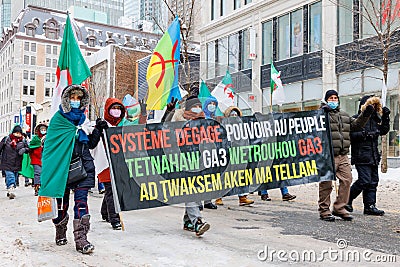 Demonstrators show their continued support of the Hirak movement on itâ€™s anniversary by marching to the Consulate of Algeria Editorial Stock Photo