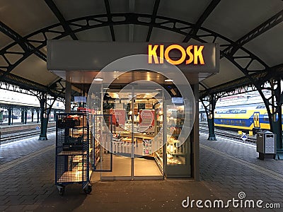 Den Bosch, The Netherlands, 13-12-2019: A Kiosk, small shops that can be found at the train platforms and stations of the Editorial Stock Photo