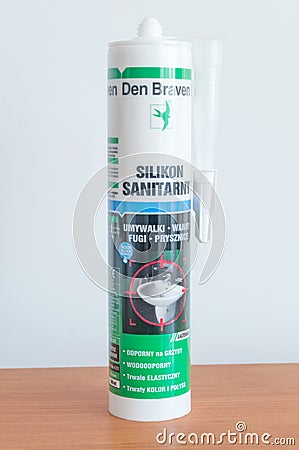 Den Braven tube with white sanitary silicone Editorial Stock Photo