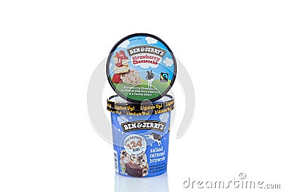 Ben & Jerry`s Ice Cream Containers isolated on white background Editorial Stock Photo