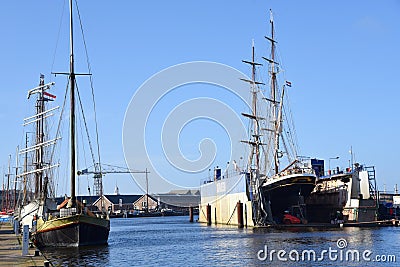 Den Helder, Netherlands. April 2023. Old schooners and tallships in Den Helder harbor. Editorial Stock Photo