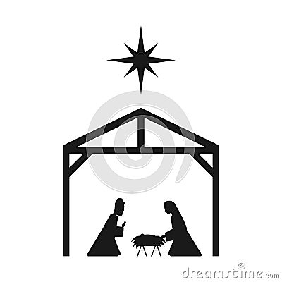 Den scene. Silhouette of the baby Jesus in the manger, the Virgin Mary, Joseph and the Christmas star. The birth of Vector Illustration