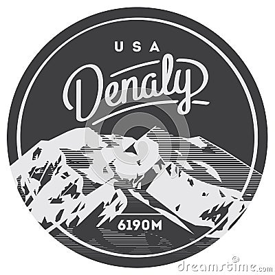 Denali in Alaska Range, North America, USA outdoor adventure badge. McKinley mountain illustration. Vector Illustration