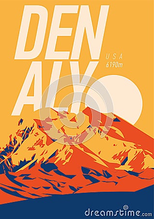 Denali in Alaska Range, North America, USA outdoor adventure poster. McKinley mountain at sunset illustration. Vector Illustration