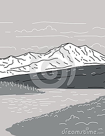 Denali National Park and Preserve or Mount McKinley Alaska Monoline Line Art Grayscale Drawing Vector Illustration