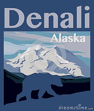 Denali peak at Denali National Park in Alaska Vector Illustration