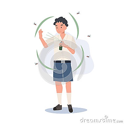 Dengue Fever Prevention. young Thai student using Mosquito Spray for Shields Against Zika Vector Illustration