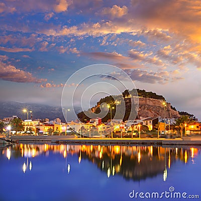 Denia port sunset in marina at Alicante Spain Stock Photo