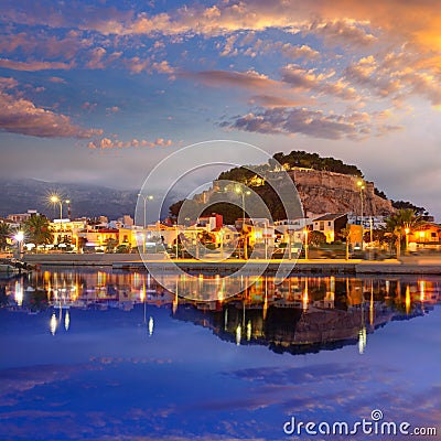 Denia port sunset in marina at Alicante Spain Stock Photo