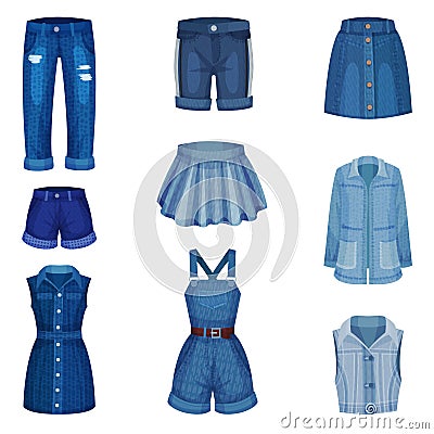 Denim Blue Clothing Items as Womenswear with Denim Shorts and Jeans Vector Set Vector Illustration