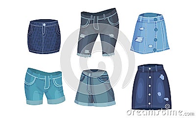 Denim Blue Clothing Items as Womenswear with Denim Skirt and Knee Breeches Vector Set Vector Illustration