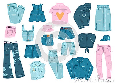 Denim clothes. Blue jean garments, denim shirt, jacket, shorts and jeans pants, denim casual clothes. Trendy denim Vector Illustration