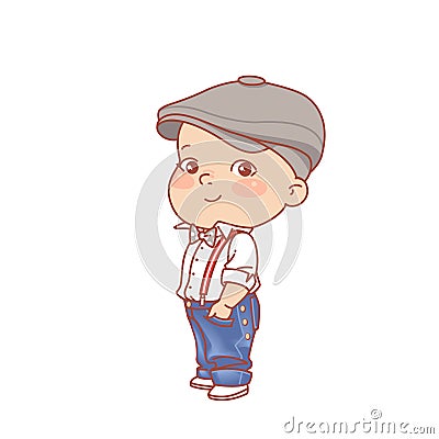 Little boy wearing jeans and hat. Boy of 3-7 years standing. Vector Illustration