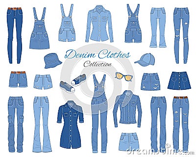 Denim clothes collection. Vector sketch illustration. Vector Illustration